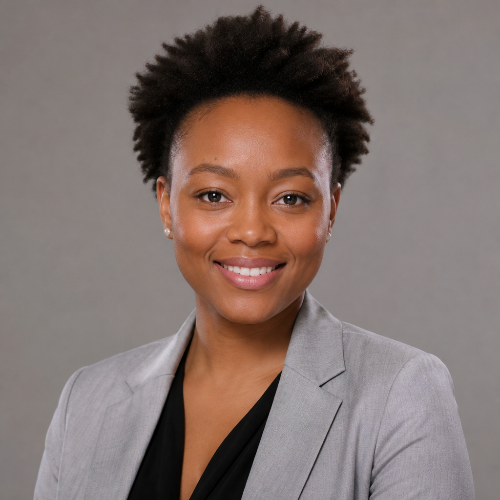Friendly portrait of Naledi Mokoena, a confident South African woman in her mid-thirties with short natural hair, relaxed warm smile, soft natural daylight