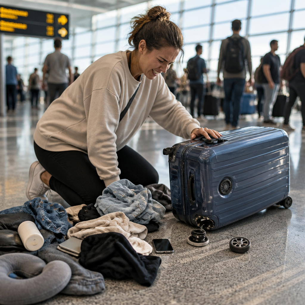 Traveler struggling with broken luggage and frustration at airport, with broken wheels and scattered belongings representing the chaotic before state of travel