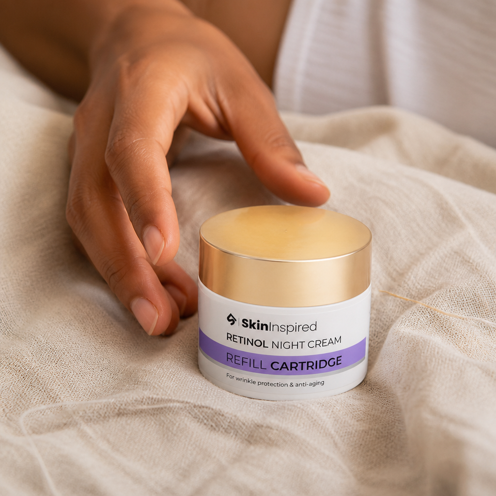 Elegant SKININSPIEDED branded retinol night cream jar with golden cap on a soft linen background