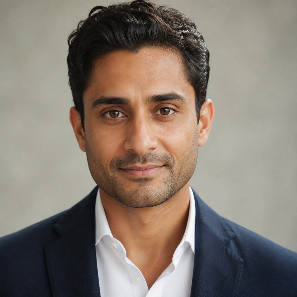 Close-up portrait of a friendly South Asian man with short dark hair and light stubble, soft daylight from the side, relaxed confident expression, warm neutral backdrop