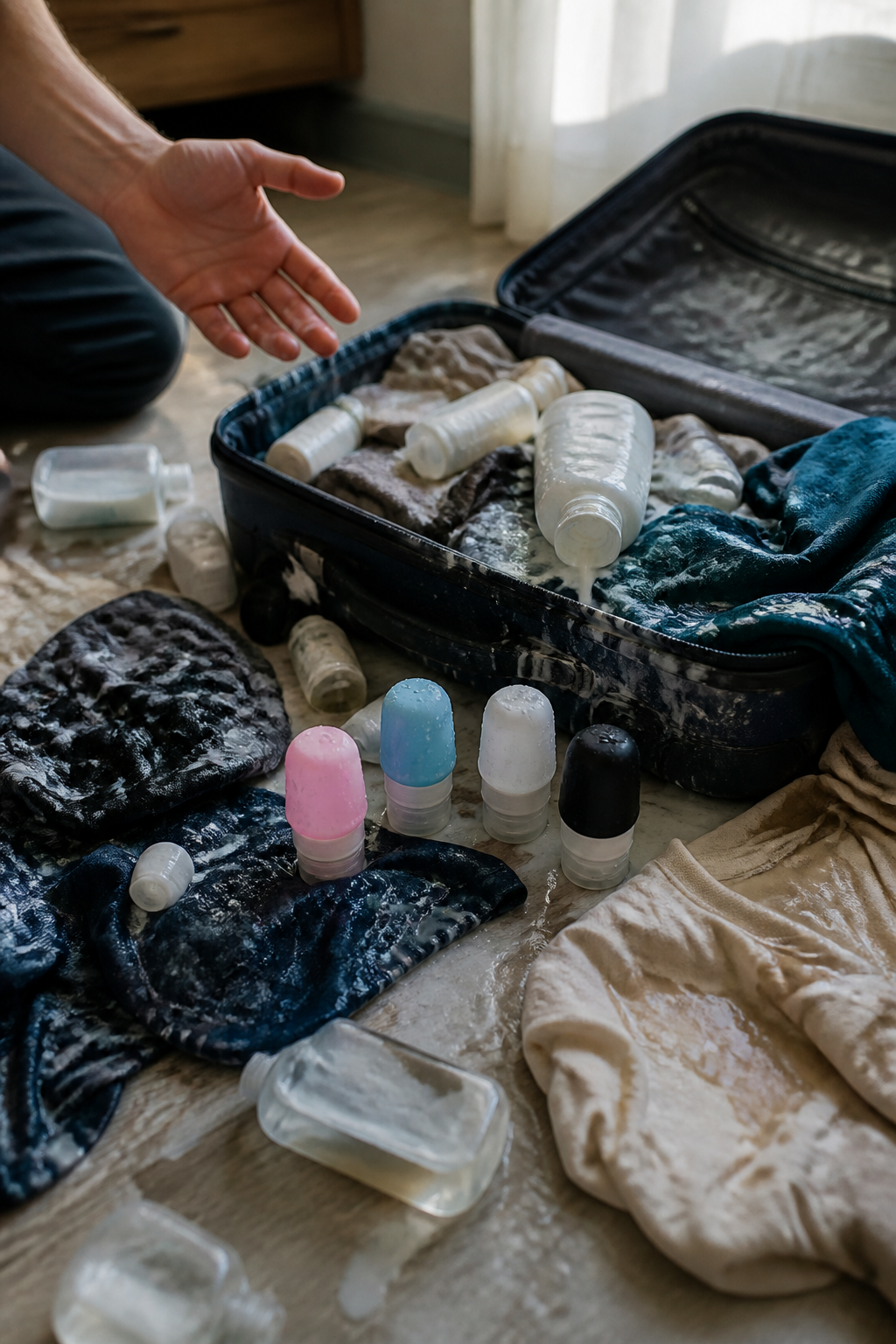 Devastated traveler opening a suitcase with shampoo and toiletries leaked everywhere, clothes ruined and stained, showing complete travel disaster