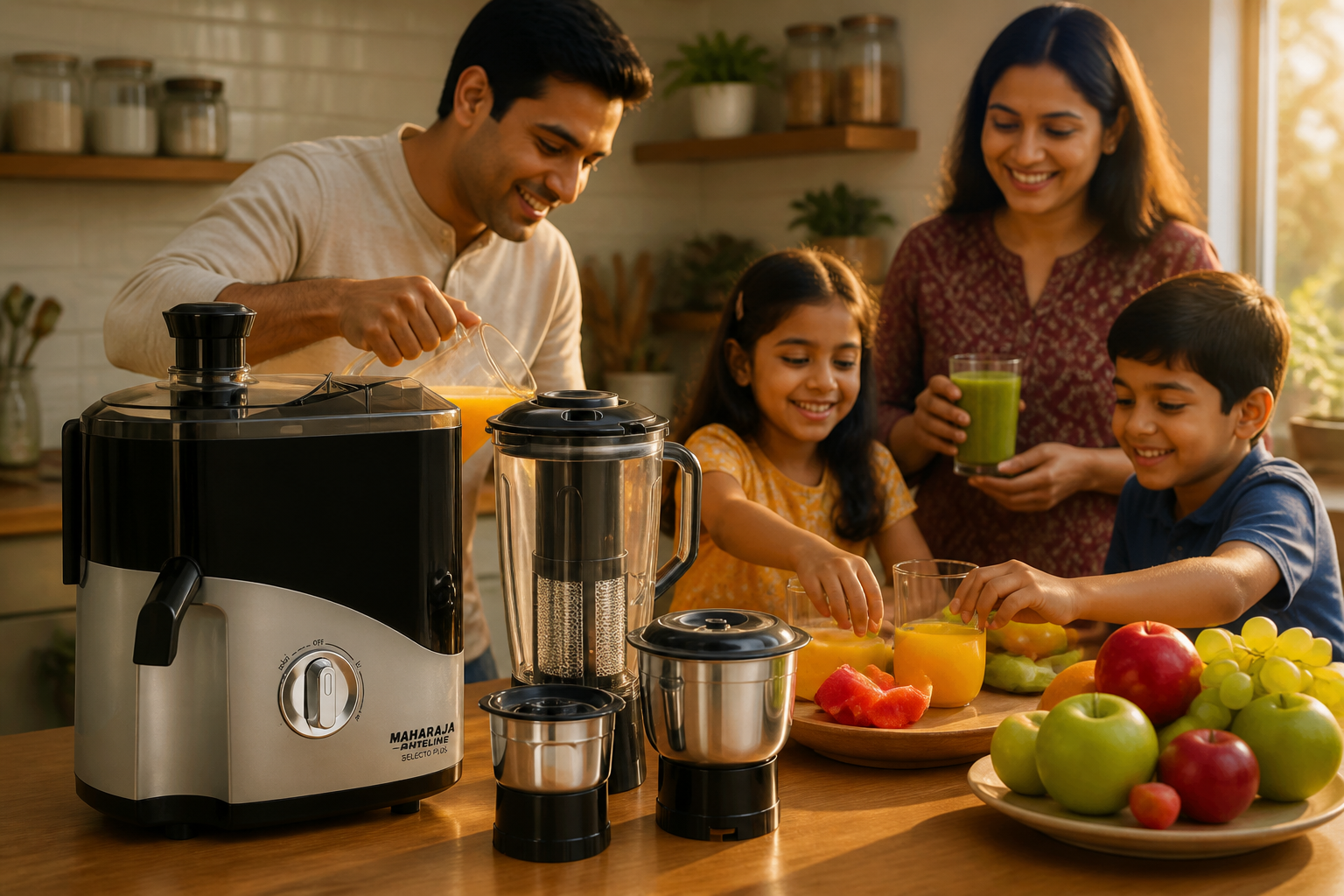 Warm lifestyle photograph of an Indian family at their breakfast table &mdash; a father pouring fresh juice from a glass pitcher into small glasses while a mother holds a green smoothie and two smiling children reach for fruit in soft golden hour window light
