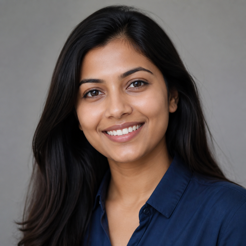Portrait of a confident young Indian woman with a subtle smile, golden hour side lighting, soft blurred market bokeh behind her, candid and natural