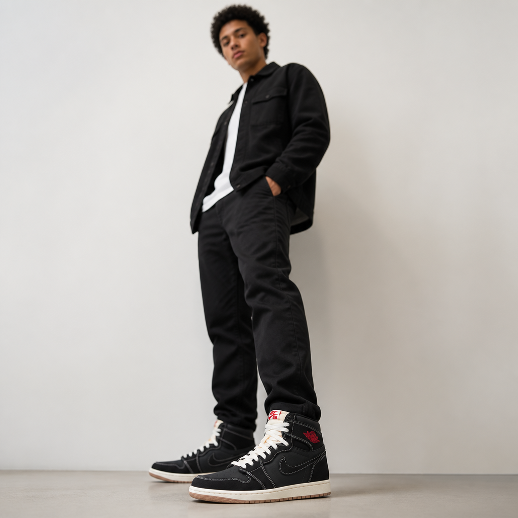 Confident young professional confidently wearing Nike Total 90 Premium sneakers while making direct eye contact with the camera, radiating self-assured style and charisma