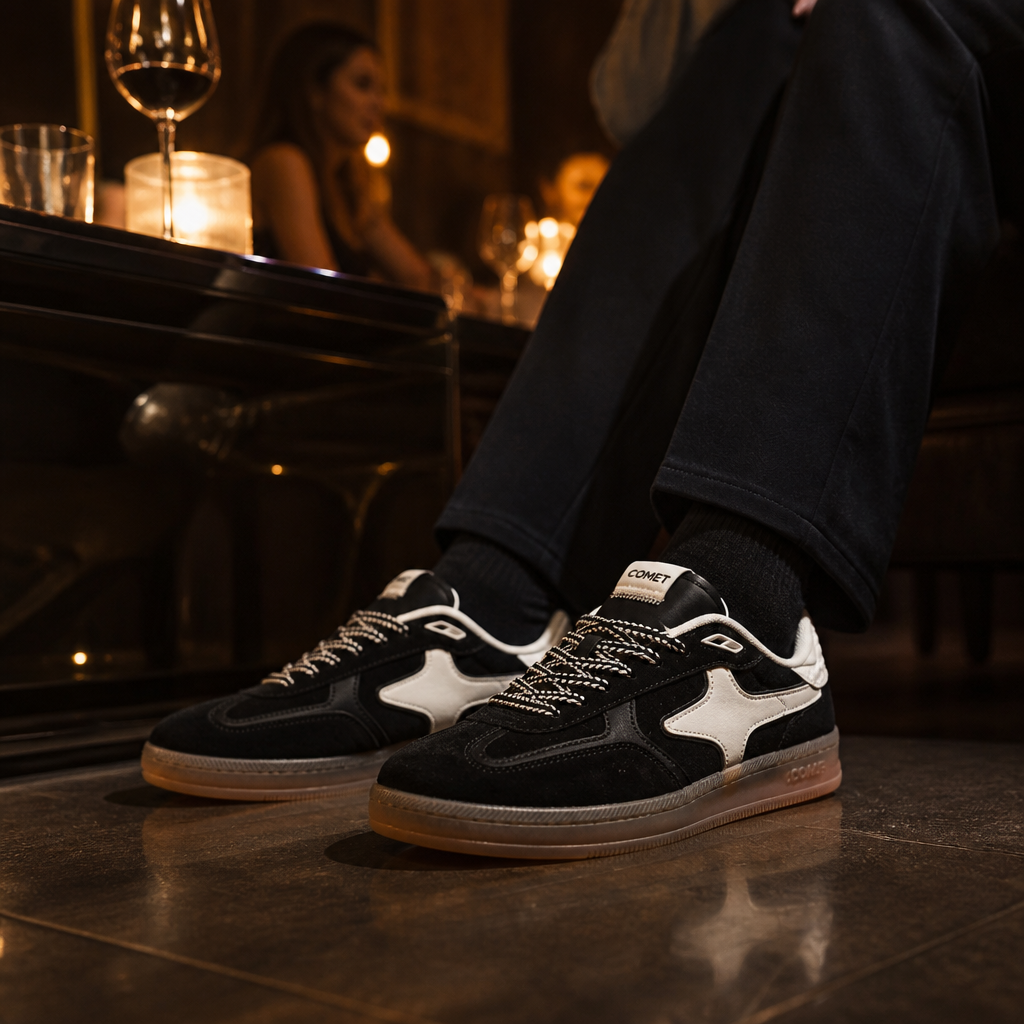 Evening lifestyle portrait of a person at upscale dimly-lit dinner in dark outfit wearing Aeres NOIR sneakers, moody warm ambient lighting