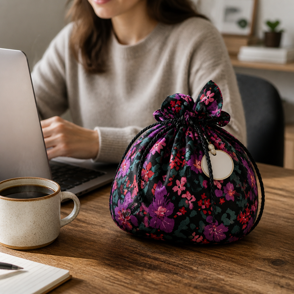 Stylish cinch bag beside a laptop and coffee cup in a modern minimalist home office workspace with warm lighting