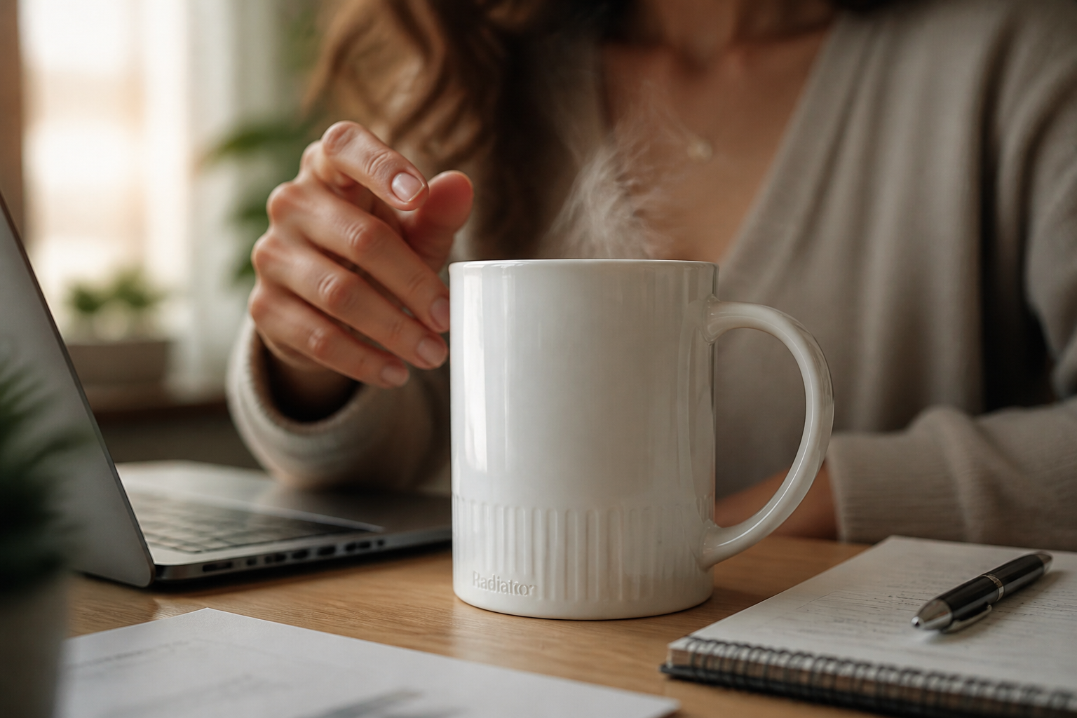 Warm lifestyle photo of the Radiator Mug on a busy morning office desk next to a laptop and notebook, steam rising gently in soft window light