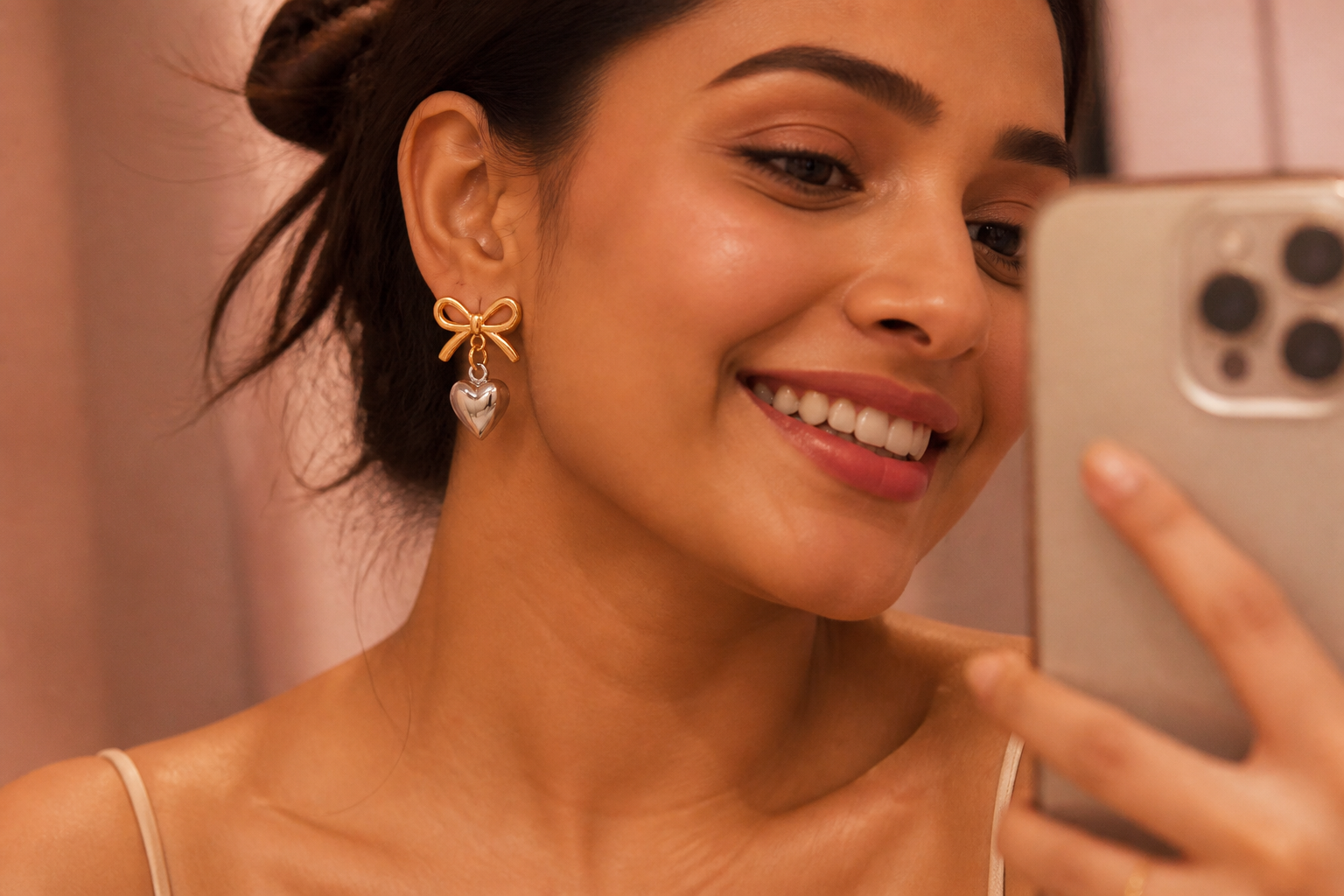 Mirror selfie style shot of confident Indian woman wearing Love Heart Earrings with bright smile and joyful expression in warm rose-toned light