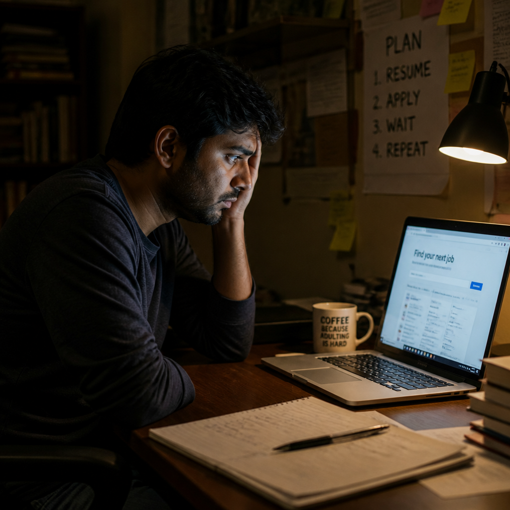 Tired Indian job seeker staring at laptop screen full of rejection emails in a dimly lit room late at night