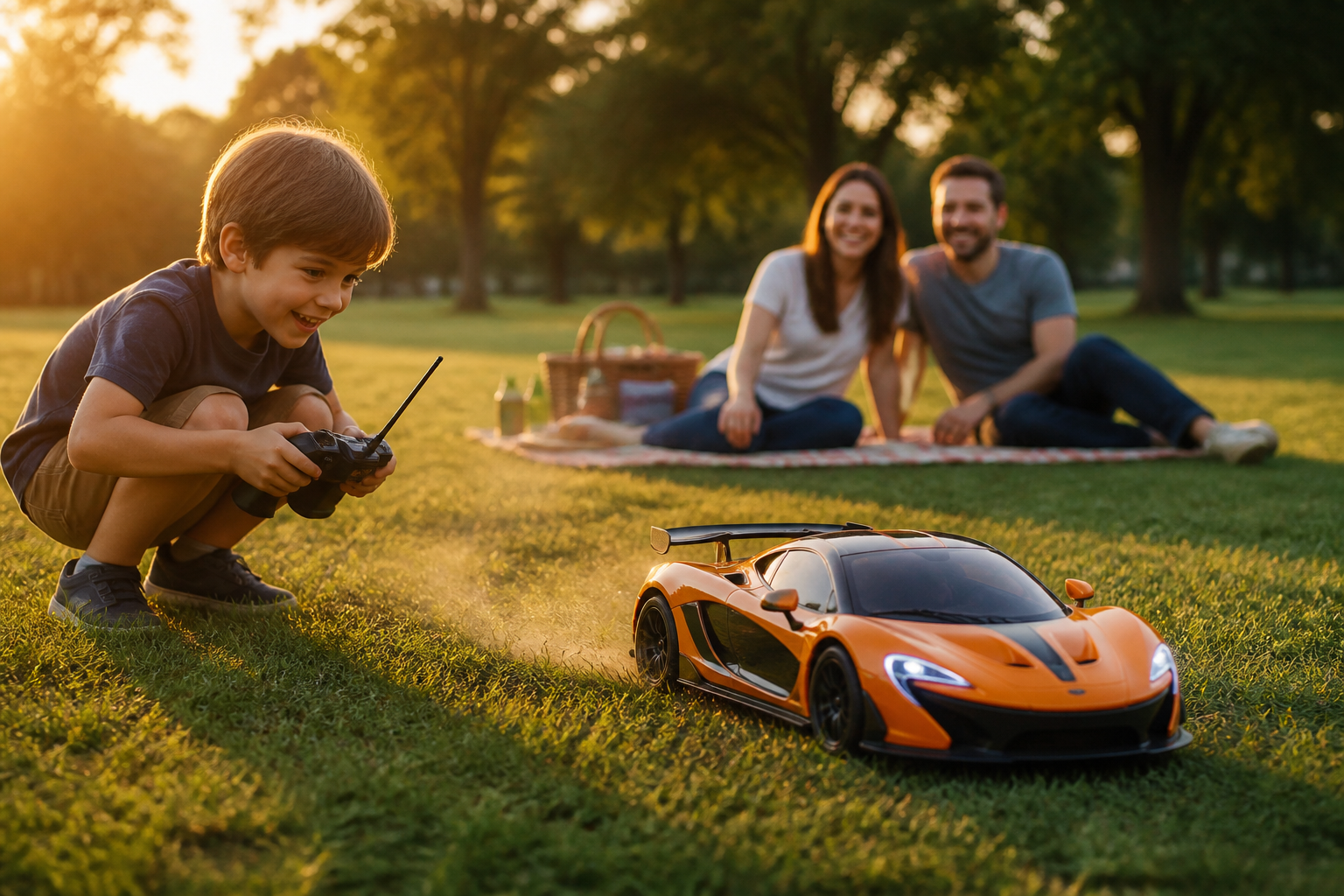 Family weekend scene at a green park with a child zooming the McLaren P1 RC car across grass while parents watch smiling on a blanket in soft golden-hour light