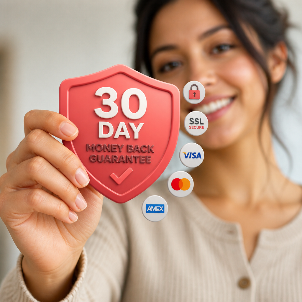 30-day money back guarantee badge with shield icon and secure payment indicators