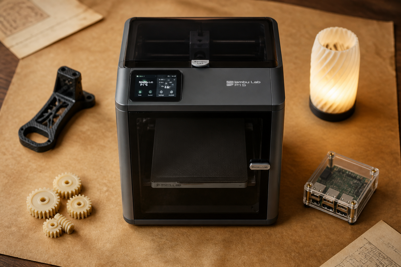 A wide warm-toned parchment surface photographed from above, displaying four distinct real 3D prints in natural light: a matte black carbon-fiber reinforced bracket, a softly glowing translucent PLA lamp, a set of natural nylon gears, and a clear PETG electronics enclosure