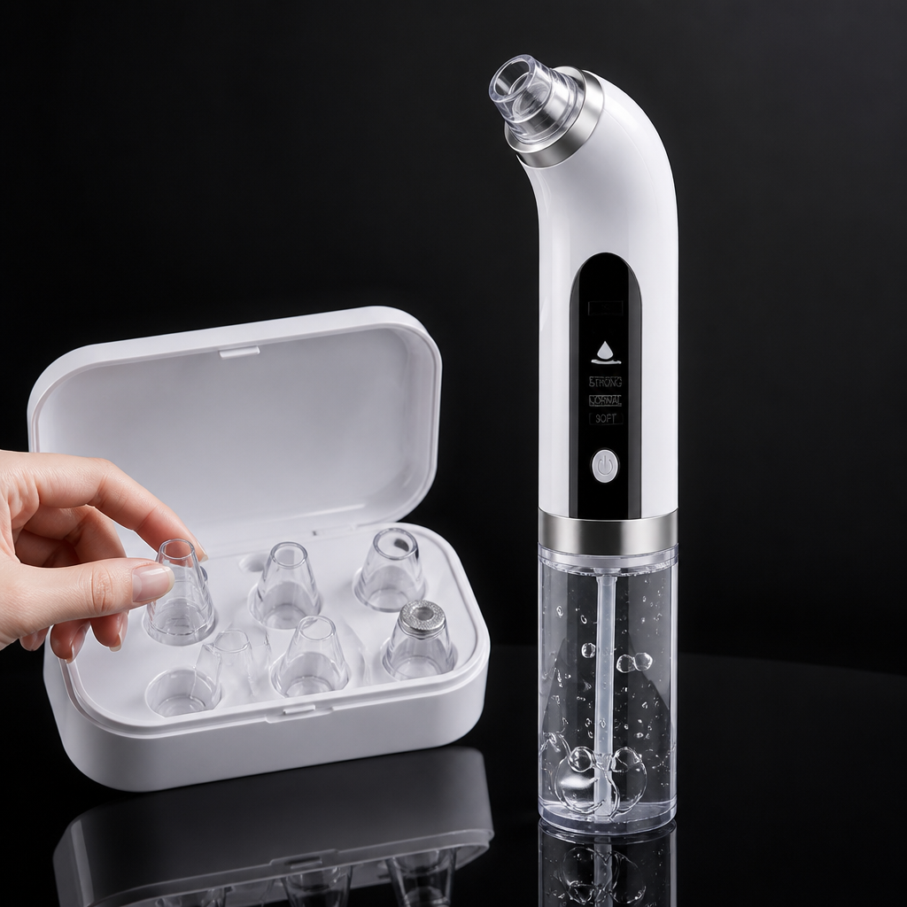 Front-facing product hero shot of the upgraded rechargeable blackhead vacuum cleaner in white finish with the six interchangeable probes visible inside the kit on glossy black background