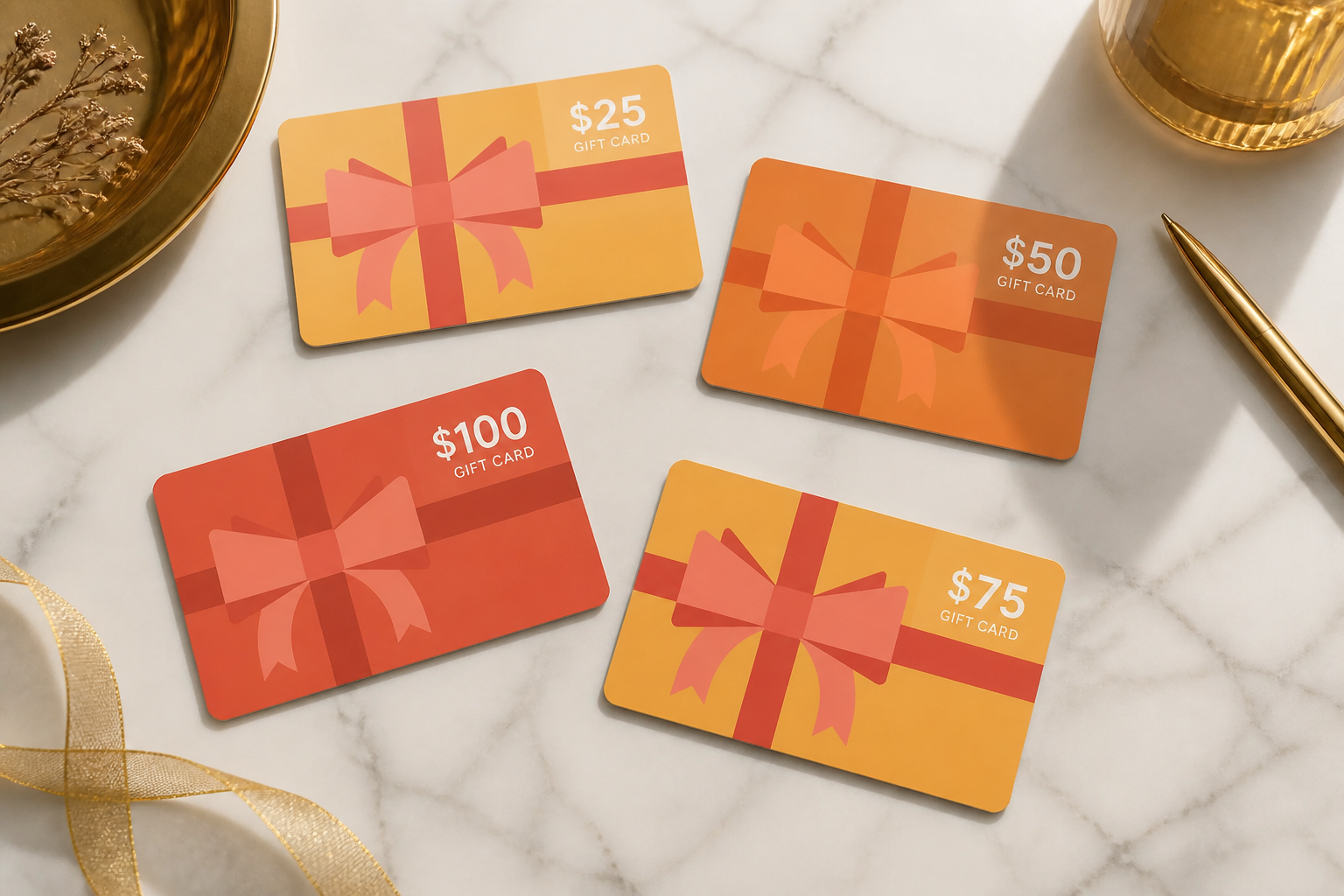 An elegant flat lay of gift cards at different denominations displayed on a marble surface with soft natural shadows and golden accents