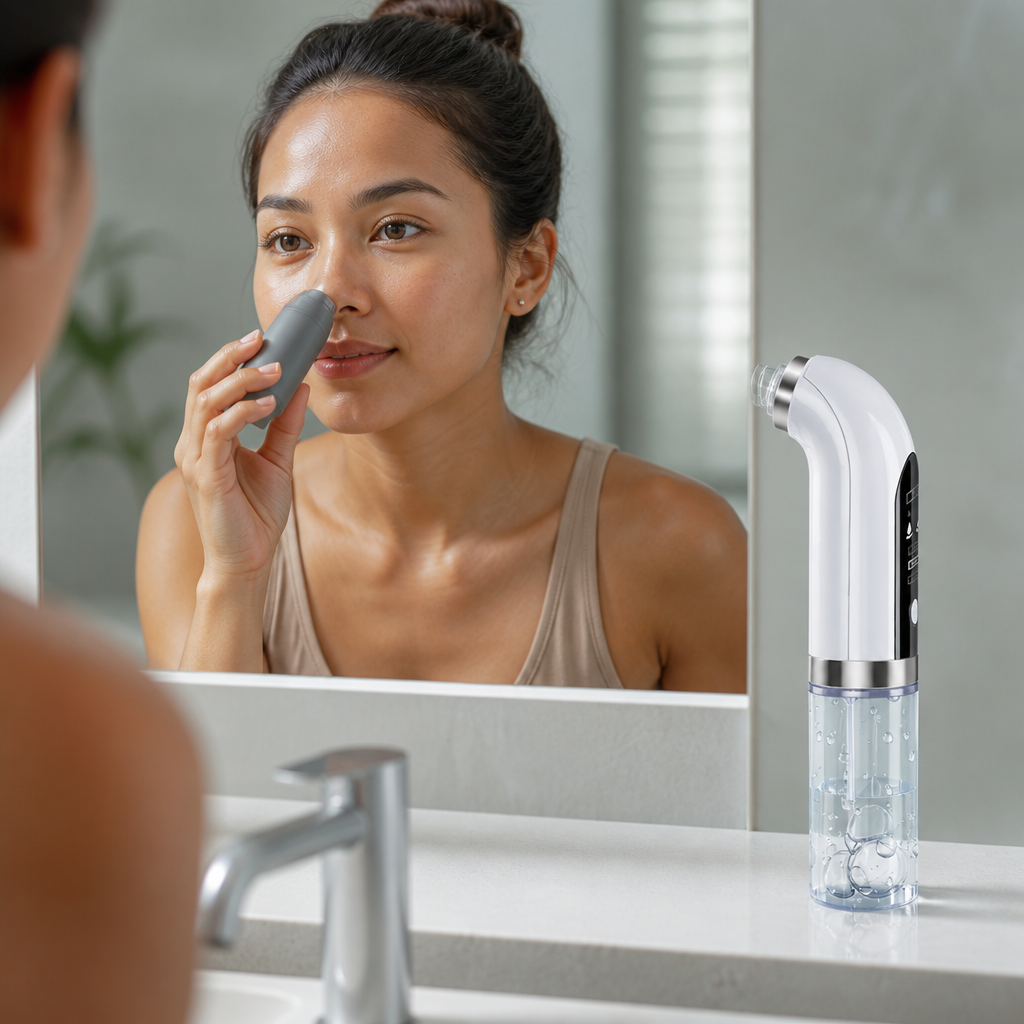 Bottle of blackhead export liquid being applied to nose area with person looking in mirror