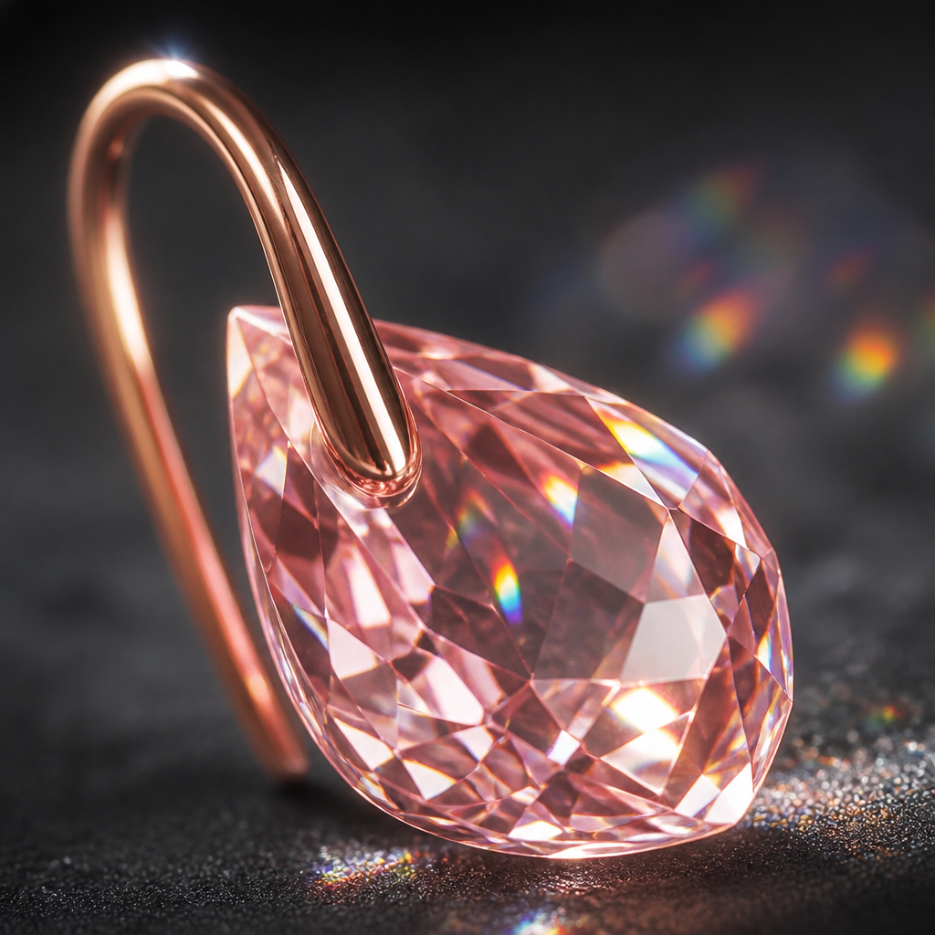Extreme macro close-up of Toupie cut pink crystal catching light like a tiny prism, rainbow refractions visible inside the faceted stone on dark background