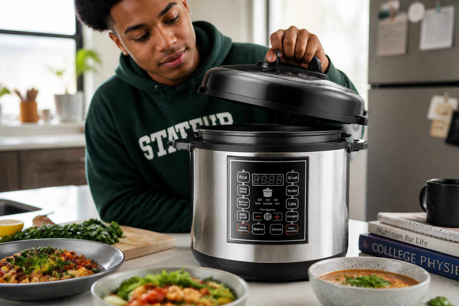 College student in shared apartment kitchen preparing healthy meals with the compact pressure cooker, textbooks visible in background showing how it fits student lifestyle