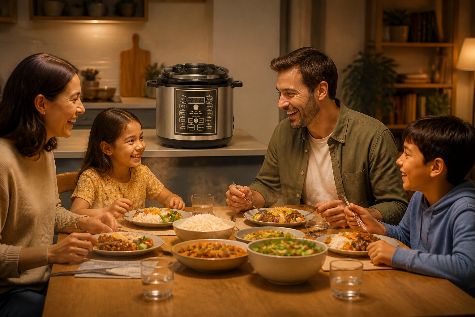 Wide cinematic shot of a smiling family of four enjoying a steaming hot dinner together around a warmly lit dining table with the sleek 5L pressure cooker smiling on the kitchen counter behind them