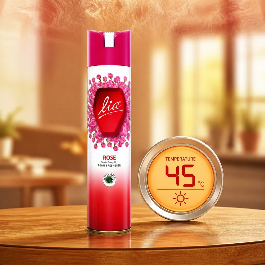 Ripple room freshener bottle positioned with a digital temperature gauge graphic showing 45 degrees celsius, demonstrating effective performance in hot Indian summer conditions with heat wave visual elements