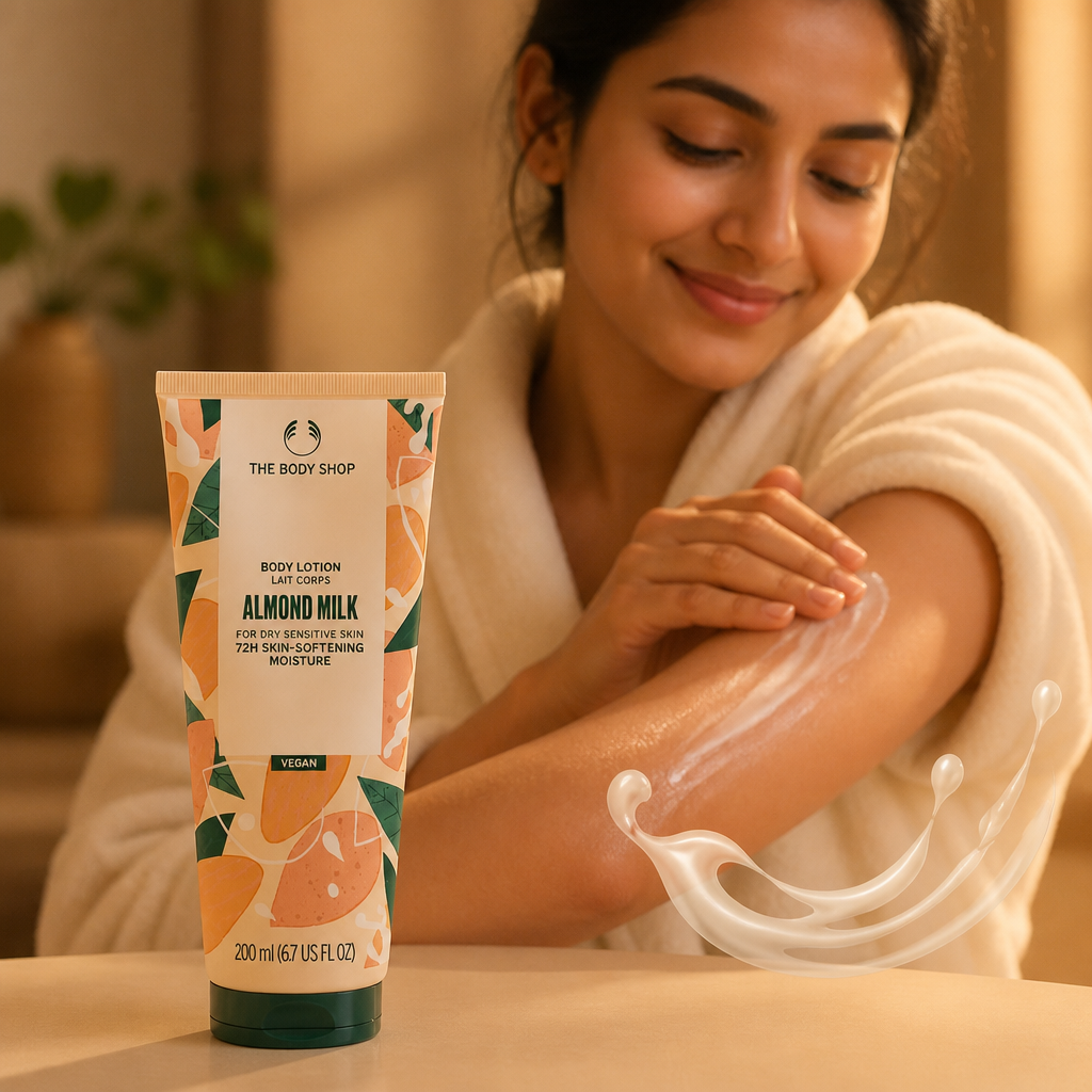 Soft warm hero shot of a woman in a cream robe gently applying lotion to her arm, smiling with relief in golden bath light, creamy almond milk texture softly swirling