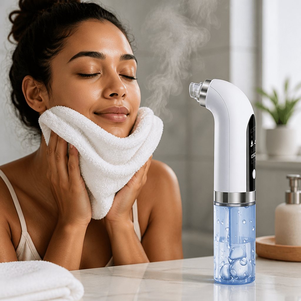 Woman with warm compress towel on face showing the steaming preparation step before blackhead extraction