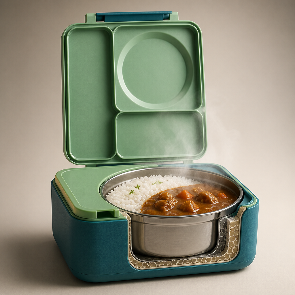 Elegant Bento Box with thermal insulation cutaway showing honeycomb layers, steam rising from delicious curry and rice, premium matte finish in dramatic lighting
