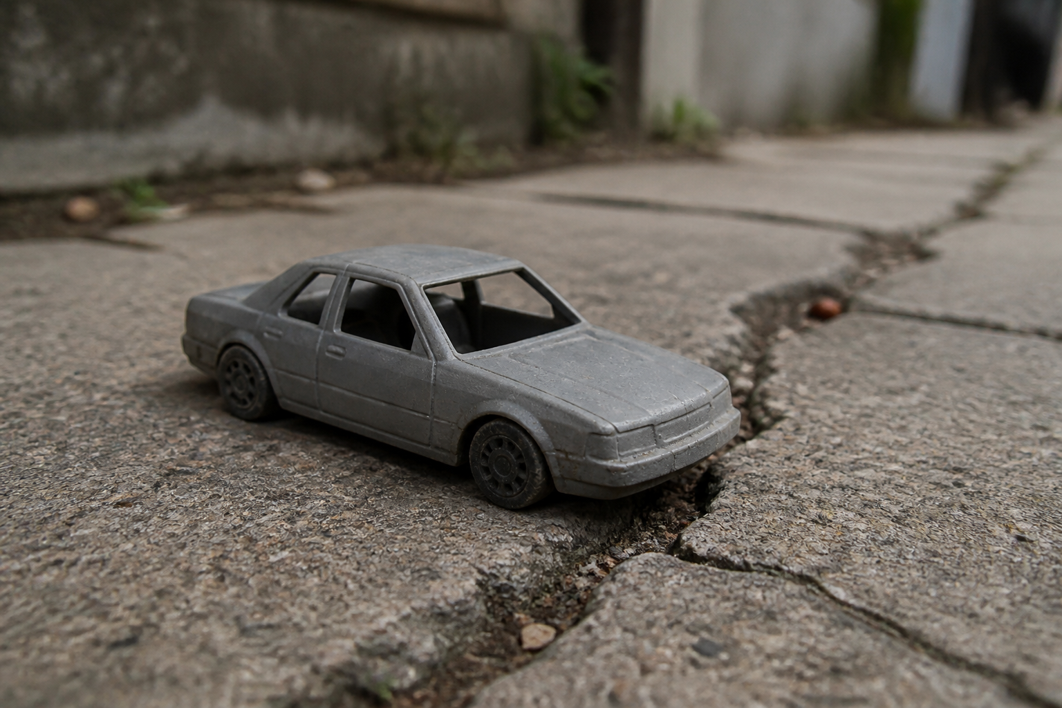 A flimsy unbranded generic plastic toy car with a dull grey finish sitting motionless on a cracked sidewalk, with no lights or features, looking worn and uninspiring