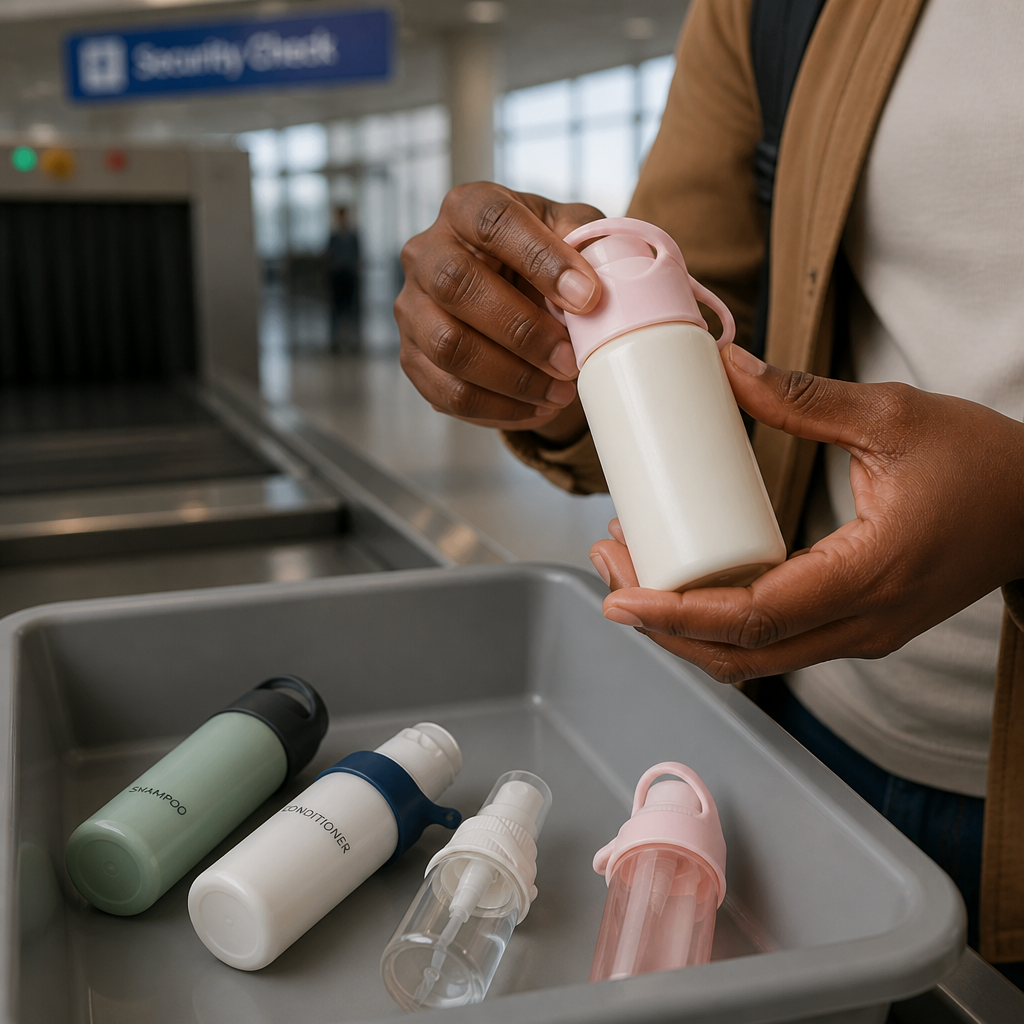 Happy relaxed traveler at airport security with organized sealed toiletries feeling confident and worry-free