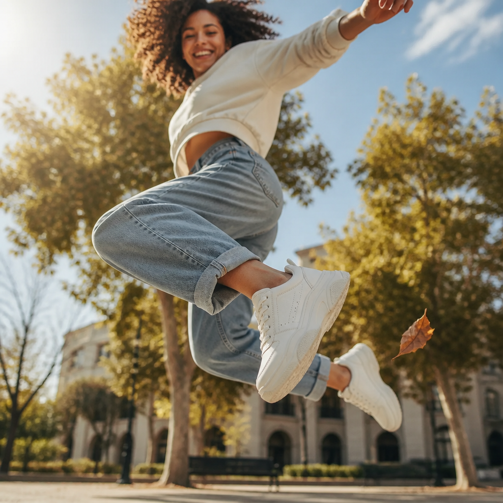 Lifestyle action shot of a young person jumping with joy mid-air on a sunny afternoon wearing Nike Sneakers 3, conveying freedom and comfort