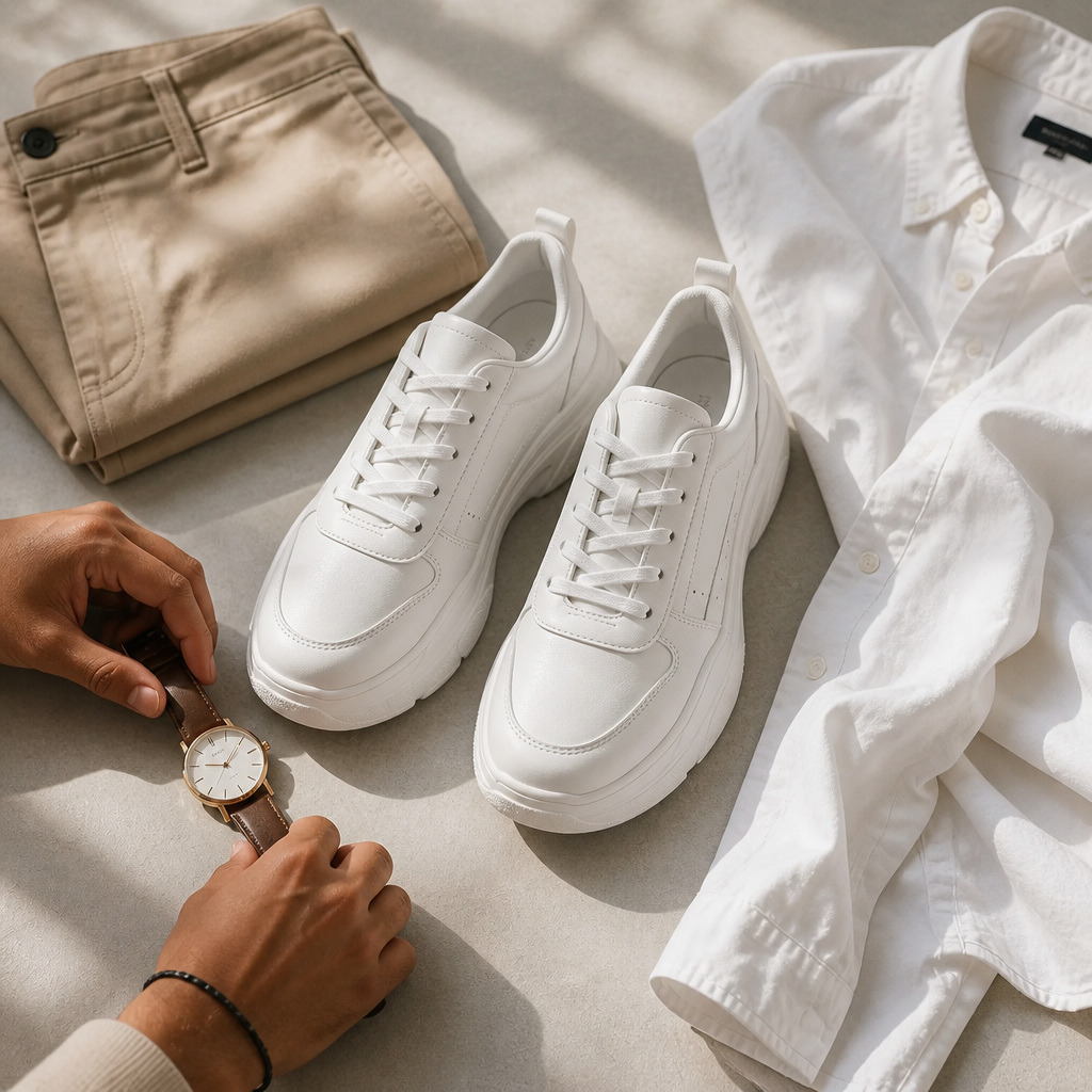Flat-lay collage of Nike Sneakers 3 styled with smart-casual outfit including chinos, button-up shirt and a watch