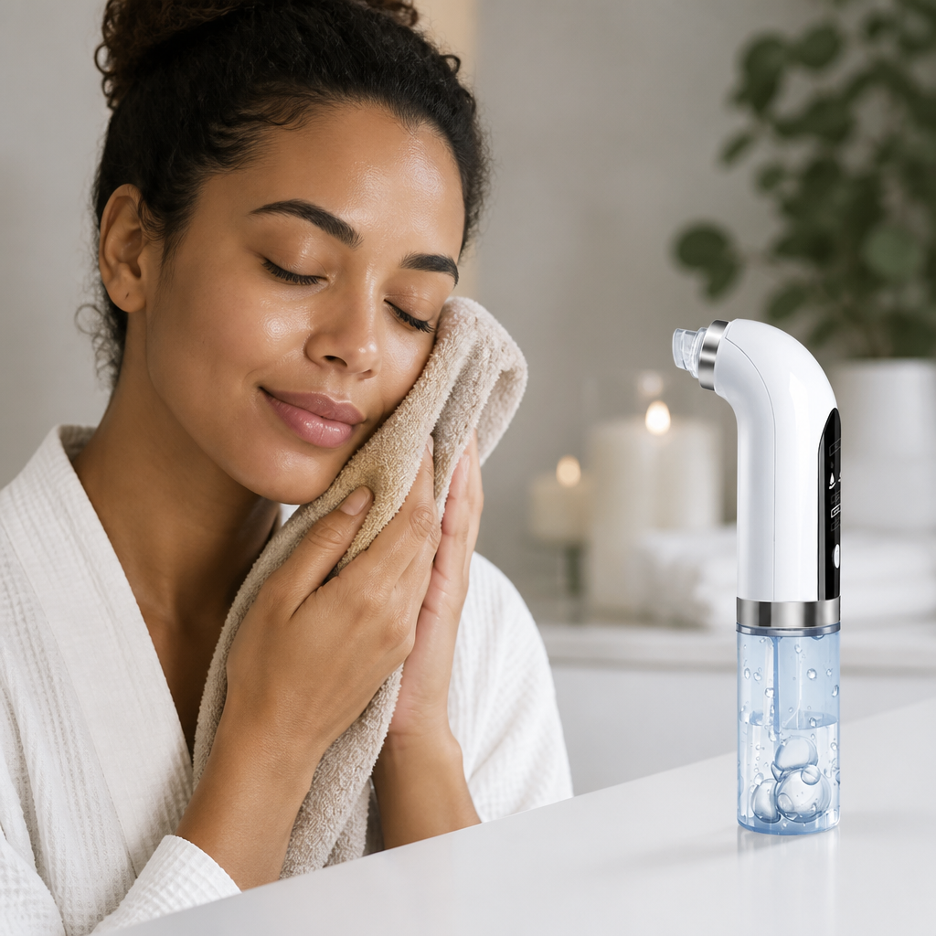 Person applying warm compress towel to face with closed eyes looking relaxed in a spa setting