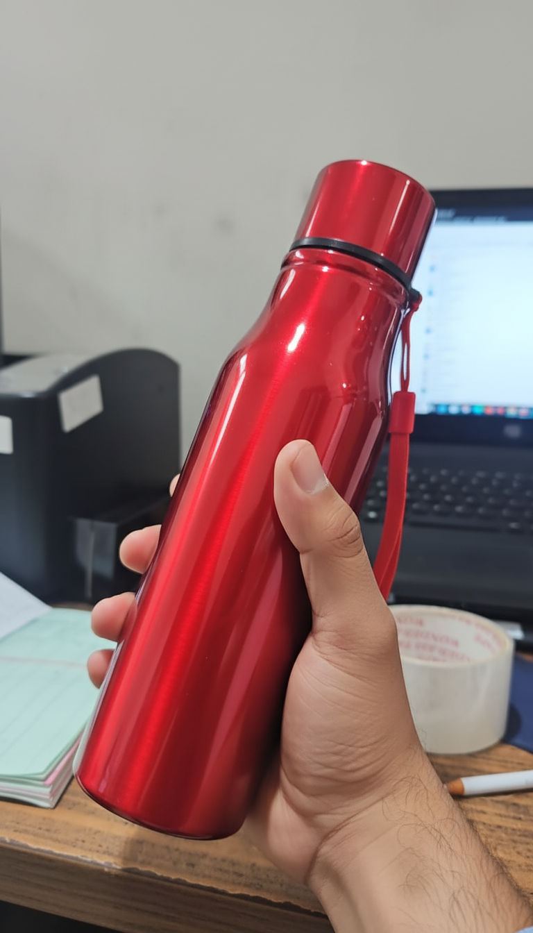 Red promotional water bottle with custom branding