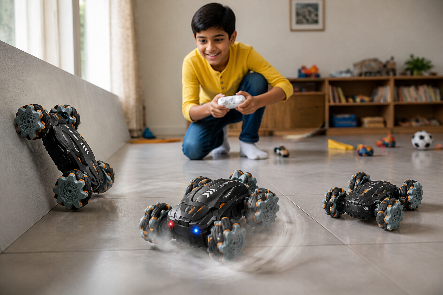 Action montage showing the GRAPHENE 4X4 car climbing a small wall at an angle, drifting on tile floor with tire smoke, and large open image capturing all three stunts side by side