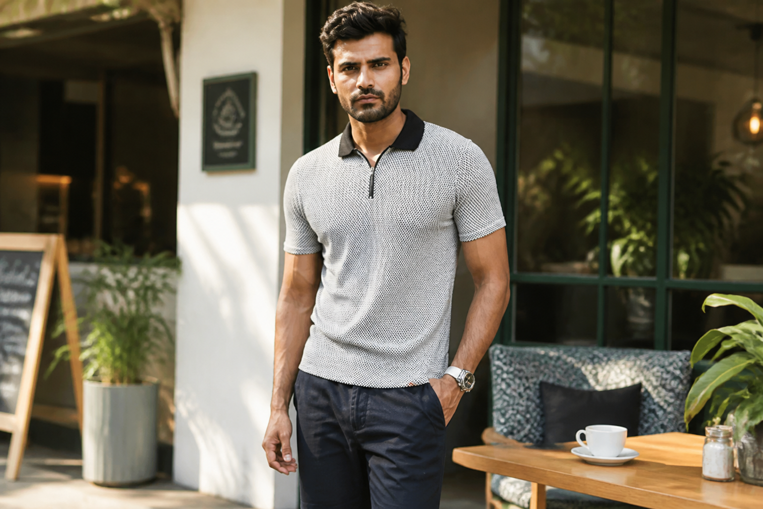 Man in flat-knit polo and tailored shorts enjoying weekend outing at sunny outdoor cafe
