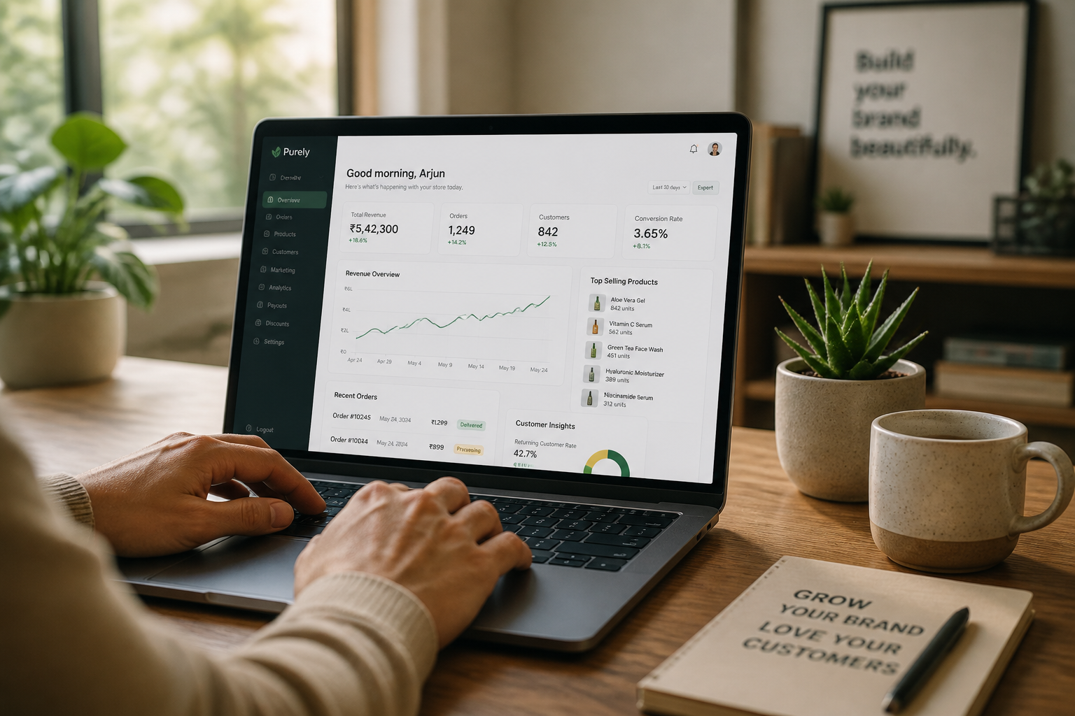 D2C brand owner working on laptop with analytics dashboard showing growth metrics and social media insights