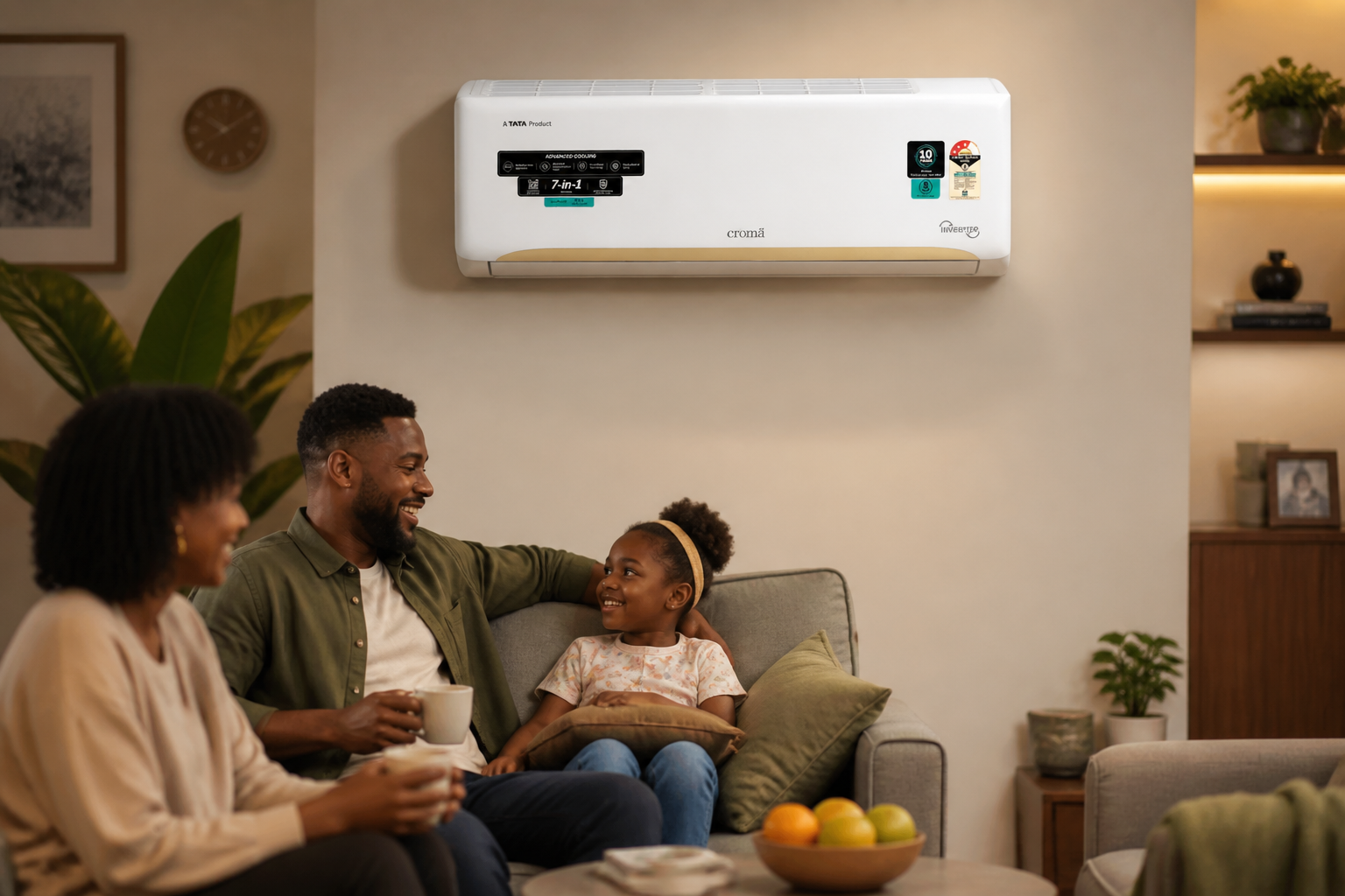 Modern Indian living room with Croma AC installed, family relaxing comfortably in cool, well-lit space with contemporary furniture and warm ambient lighting