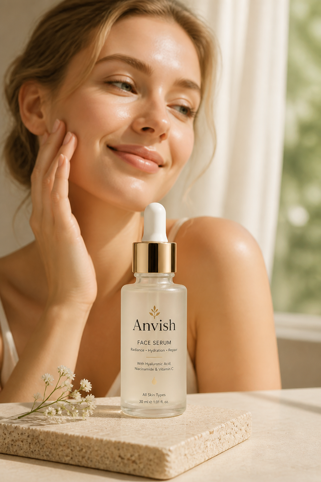 Customer portrait of a smiling European woman with glowing natural skin in soft window light, candid beauty moment, warm cream tones, editorial customer testimonial style