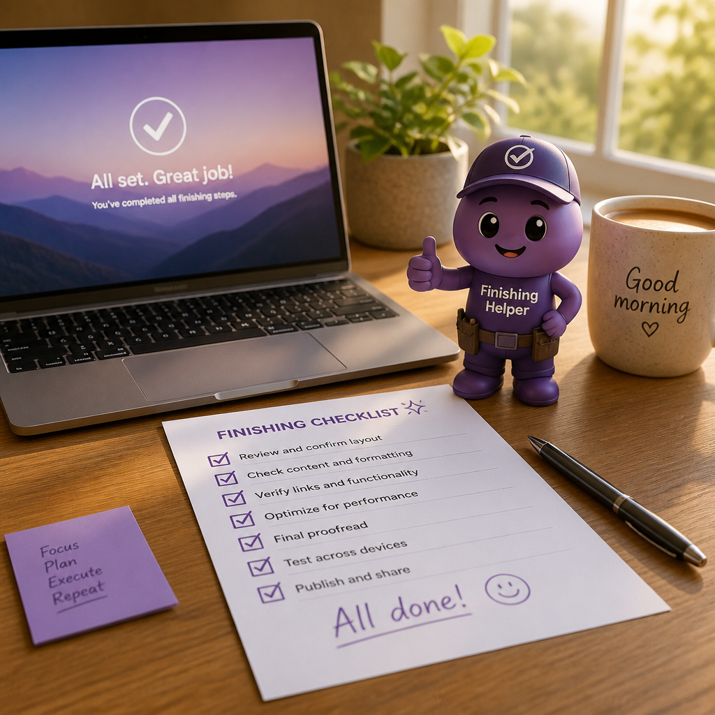 Friendly purple finishing helper beside a completed checklist and coffee on a bright desk