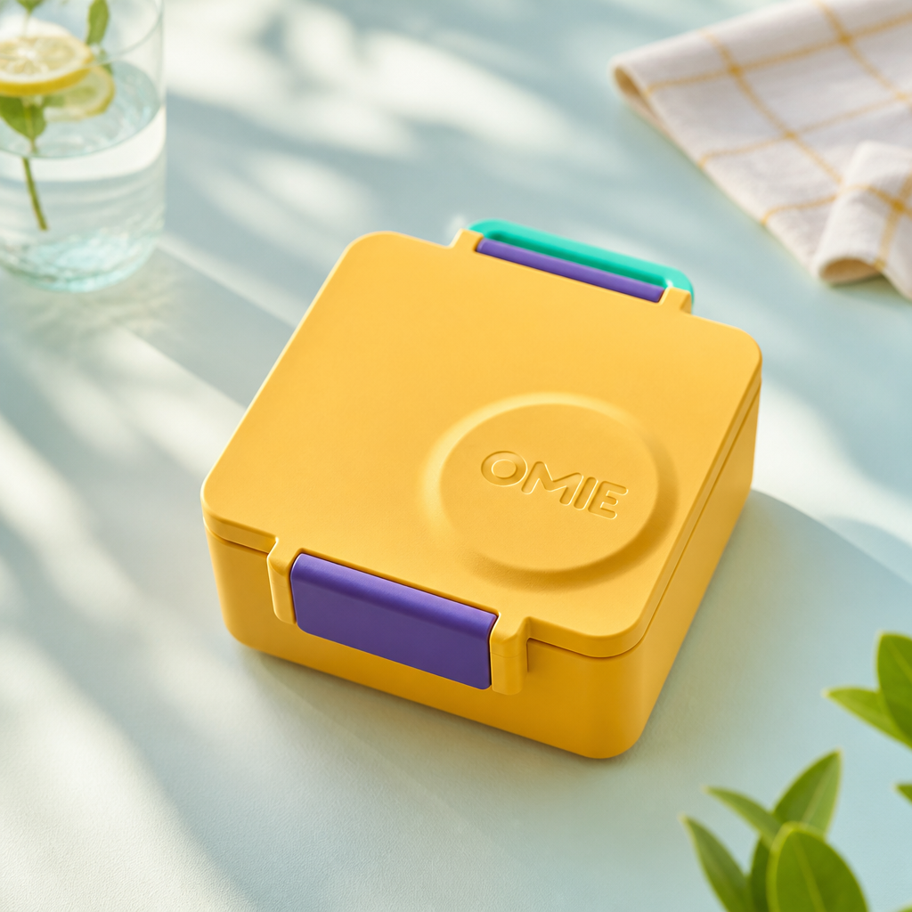 Sunny bright yellow bento box product photo on clean pastel background with soft daylight