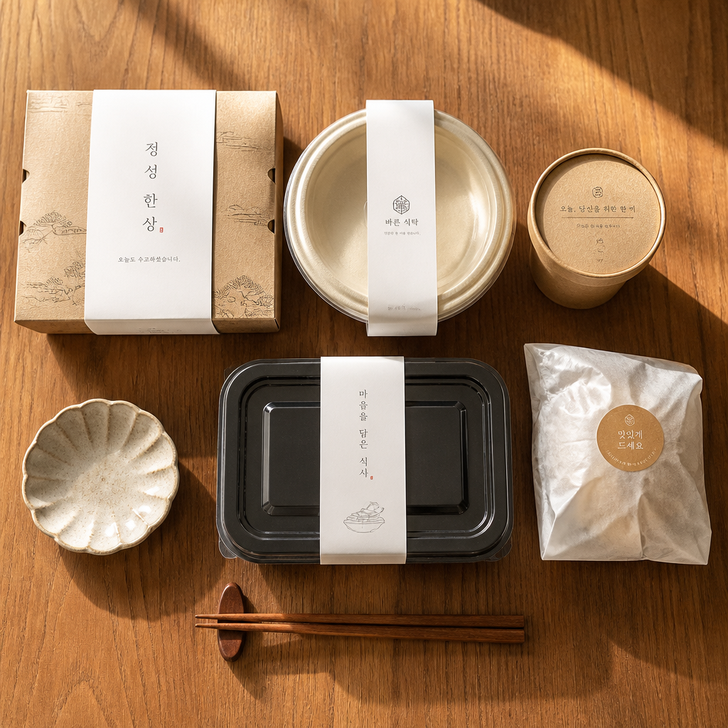 현대적인 테이블 위에서 벤토 박스와 다양한 음식 Delivery 포장재들을 나란히 놓은 장면, 명확한 가치 대조를 보여줌