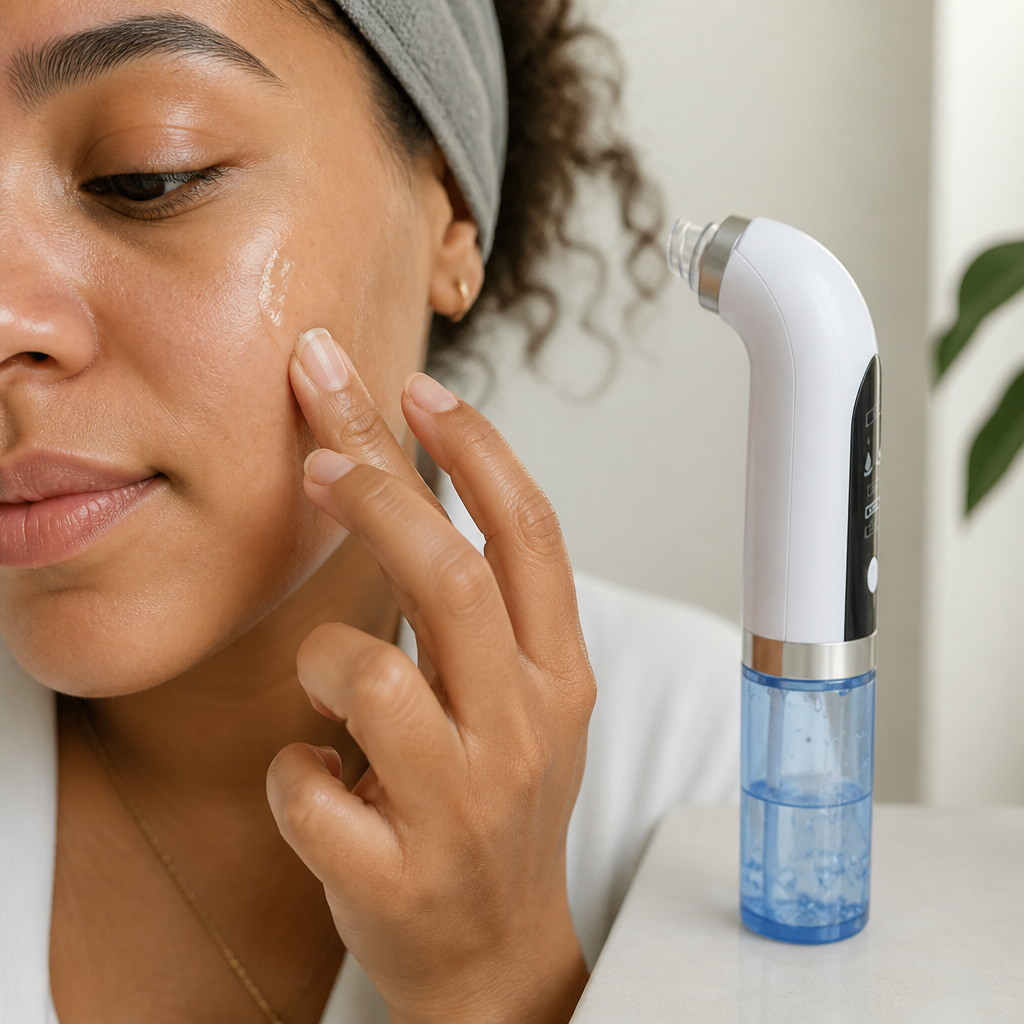 Hand applying blackhead export serum or liquid to skin with fingers for preparing blackheads to surface