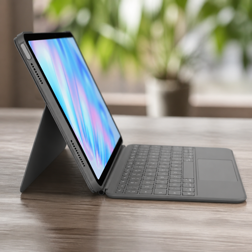 Side profile of Combo Touch showing slim design and magnetic attachment to iPad Air with hinge detail