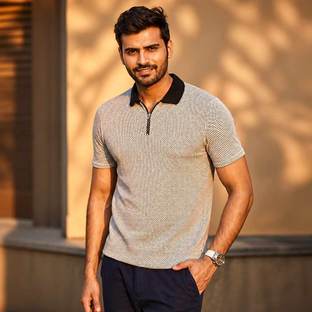 Confident Indian man wearing the Posh Monk flat-knit polo at golden hour, smiling with sharp collar visible and soft natural shadows