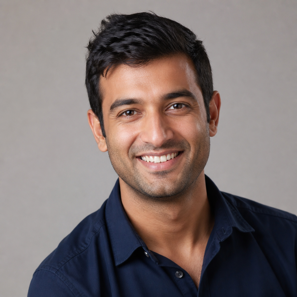 Close-up portrait of an Indian man with neatly combed dark hair, relaxed friendly smile, soft warm studio lighting, blurred neutral background, professional headshot composition