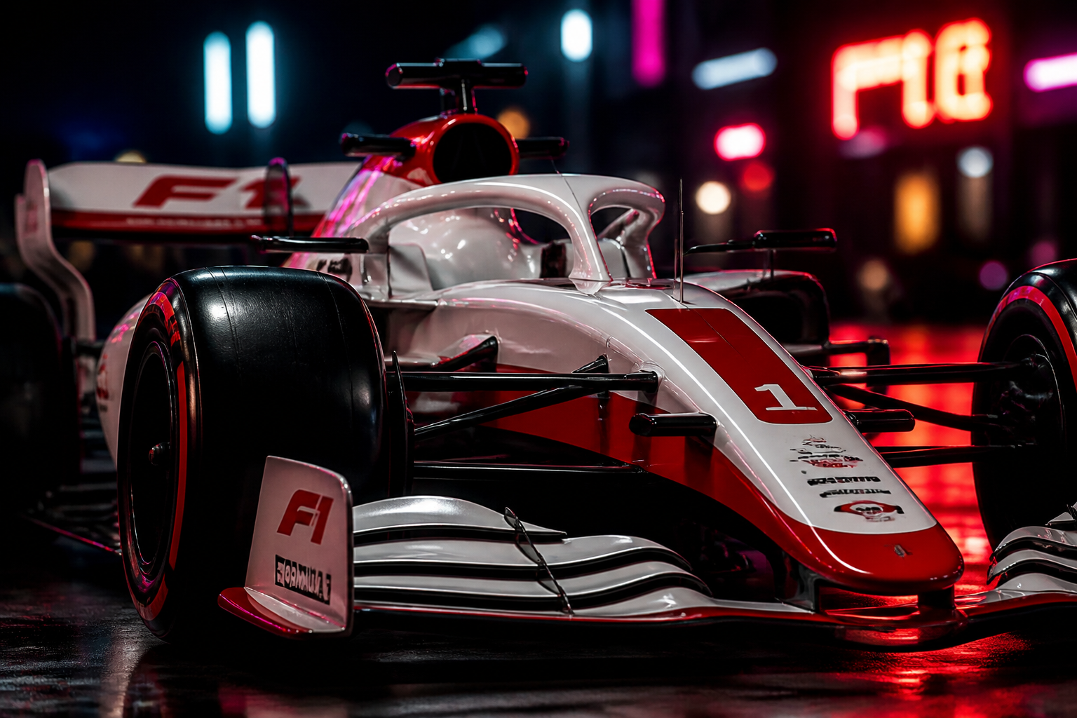 GRAPHENE RC F1 Formula Car variant &mdash; sleek white and red open-wheel race car body with aerodynamic wings on a dark neon backdrop