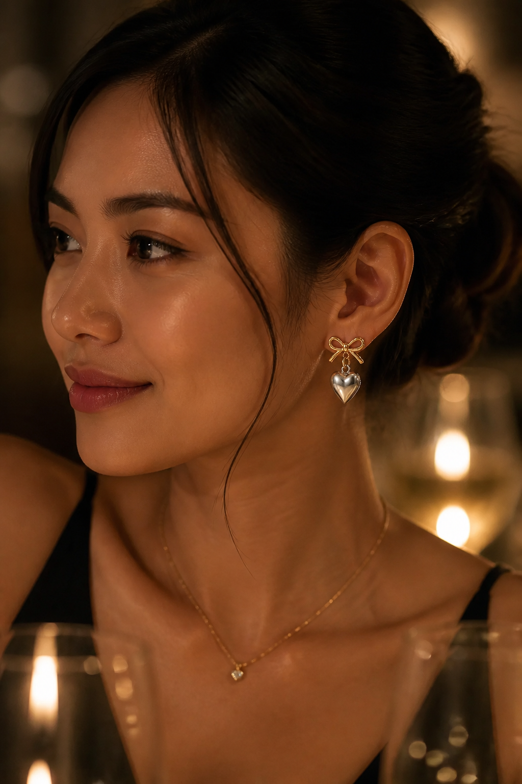 Southeast Asian woman wearing heart earrings at an elegant evening dinner with soft candlelight and rose-gold tones