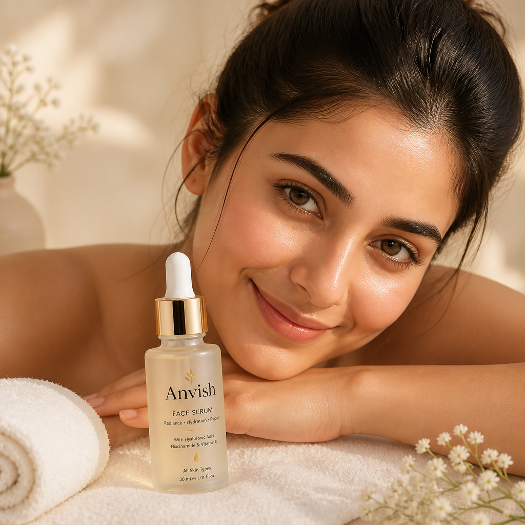 Photorealistic close-up portrait of a woman with radiant, healthy glowing skin, resting on a soft white towel, warm natural lighting, next to the Anvish Face Serum bottle