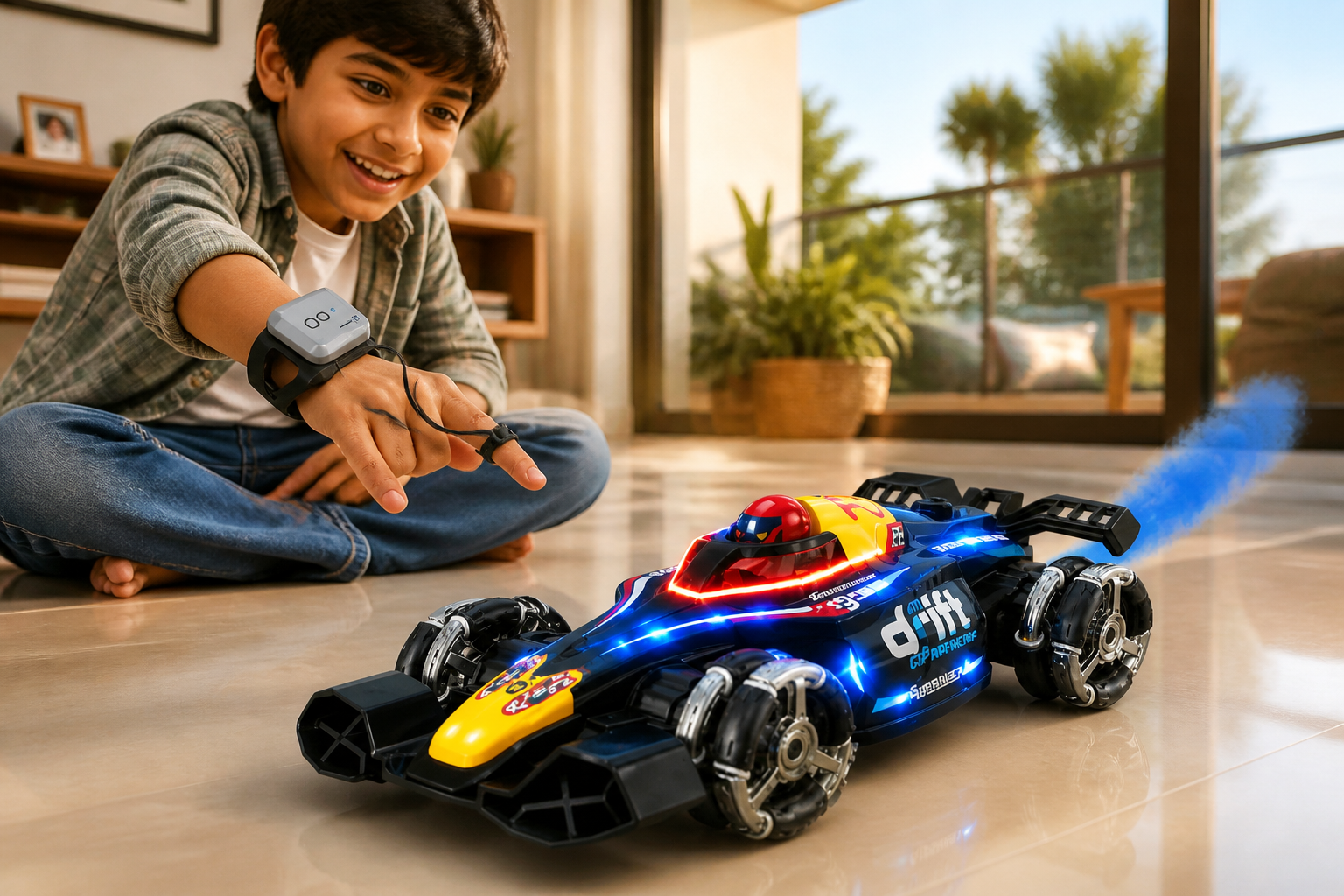 Collage of happy Indian families &mdash; kids and parents playing with the GRAPHENE RC stunt car in a bright living room and outdoors on a sunny terrace