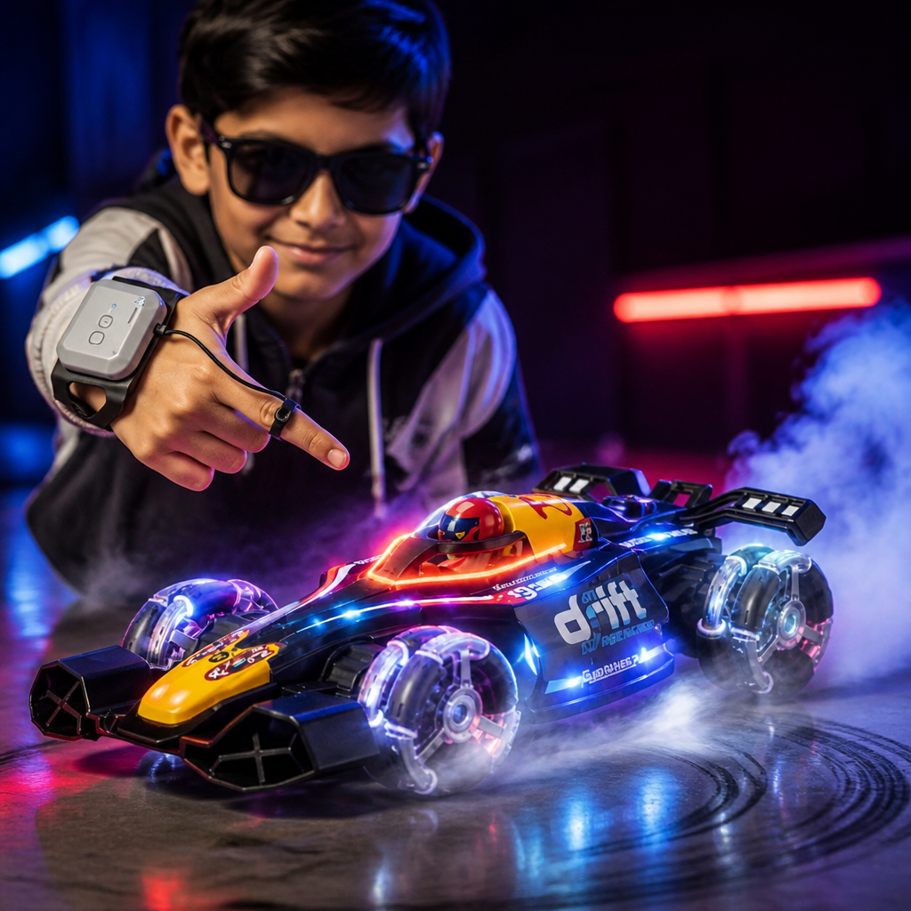 Kid wearing sunglasses holding hand out in gesture pose while the GRAPHENE RC stunt car spins in front with smoke and rainbow RGB lights on a dark neon backdrop