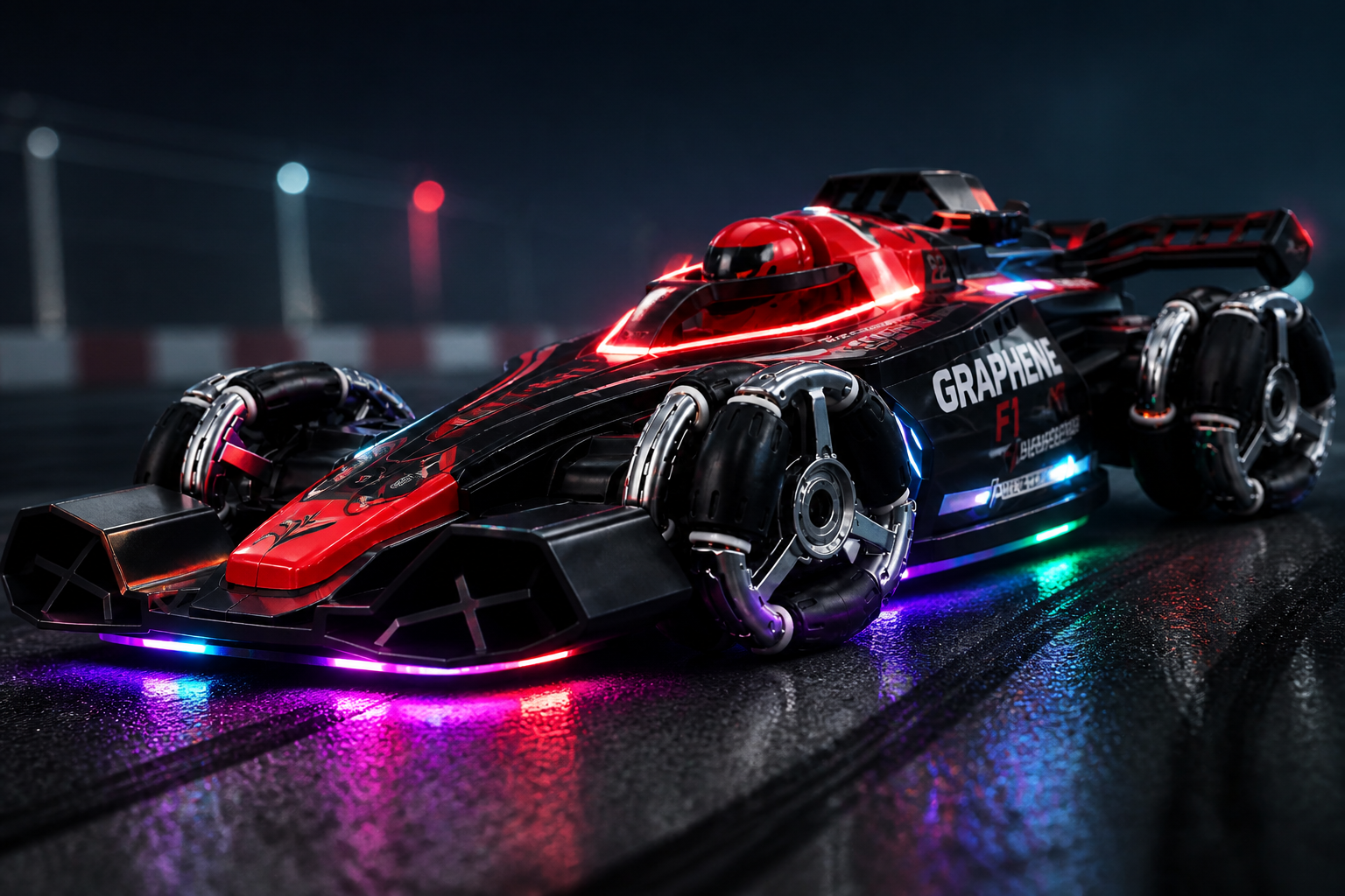 GRAPHENE F1 Formula Car in red and black livery with glowing RGB underglow on a dark racing surface